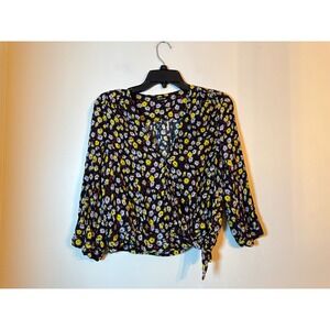 Madewell Wrap Top Womens Small Black Daisy Floral Print Tie Waist V-Neck Blouse